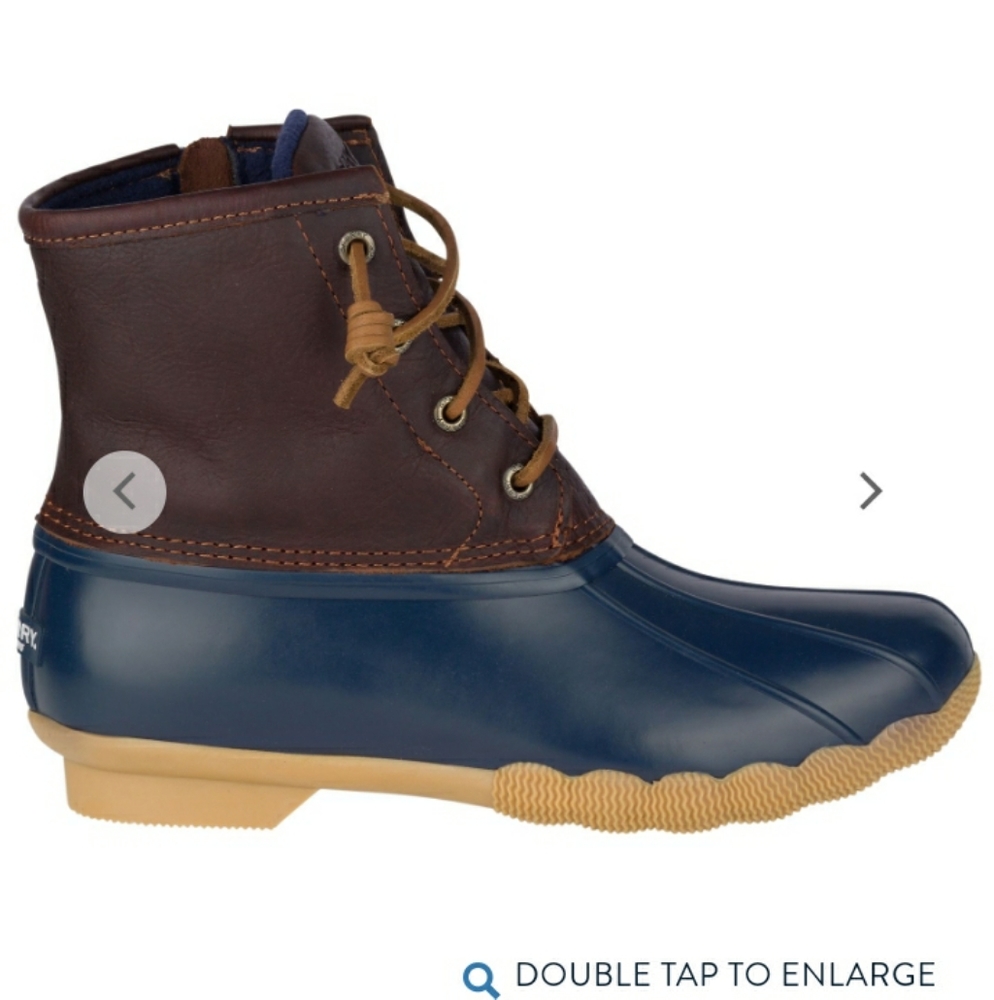 Sperry Kids Brown Leather and Navy Rubber Duck Boots with Tan Soles